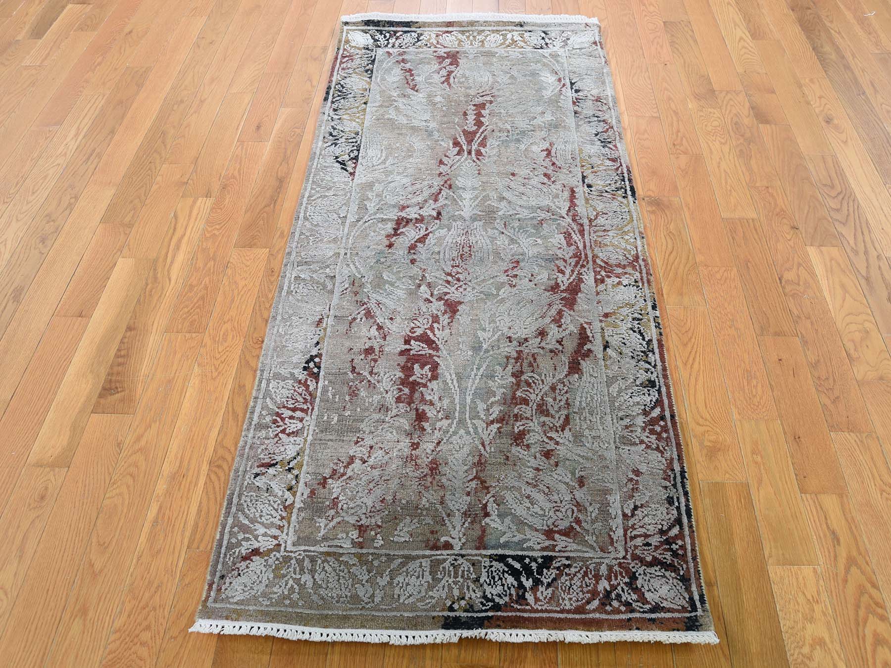 2'6"X6'1" Broken Tulip Design Silk With Oxidized Wool Runner Hand-Knotted Oriental Rug moadcdd0